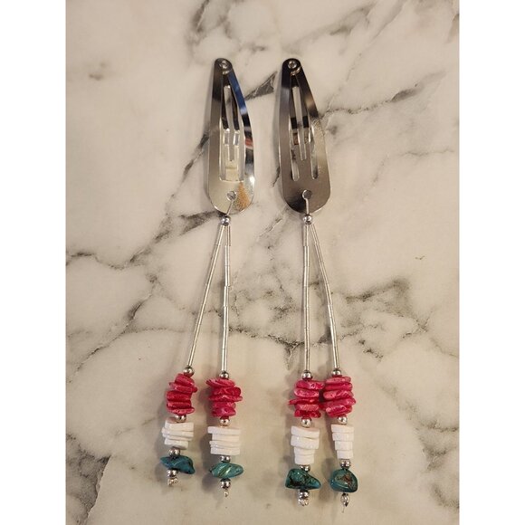 Silver Tone Hair Clips Barrettes With Beaded Dangling Strings Set of 2 - Picture 1 of 3